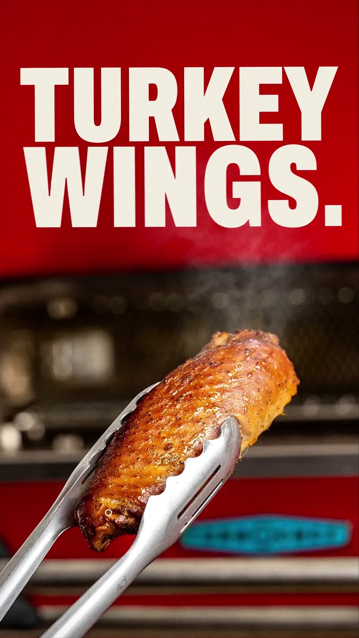 T-BIRDS Wings promo reel: a smoked turkey wing held in tongs under the words TURKEY WINGS