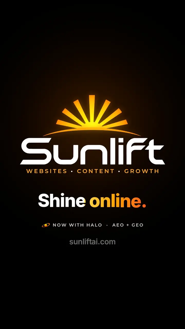 SunliftAI brand showreel: the Sunlift logo and Shine online on a dark background