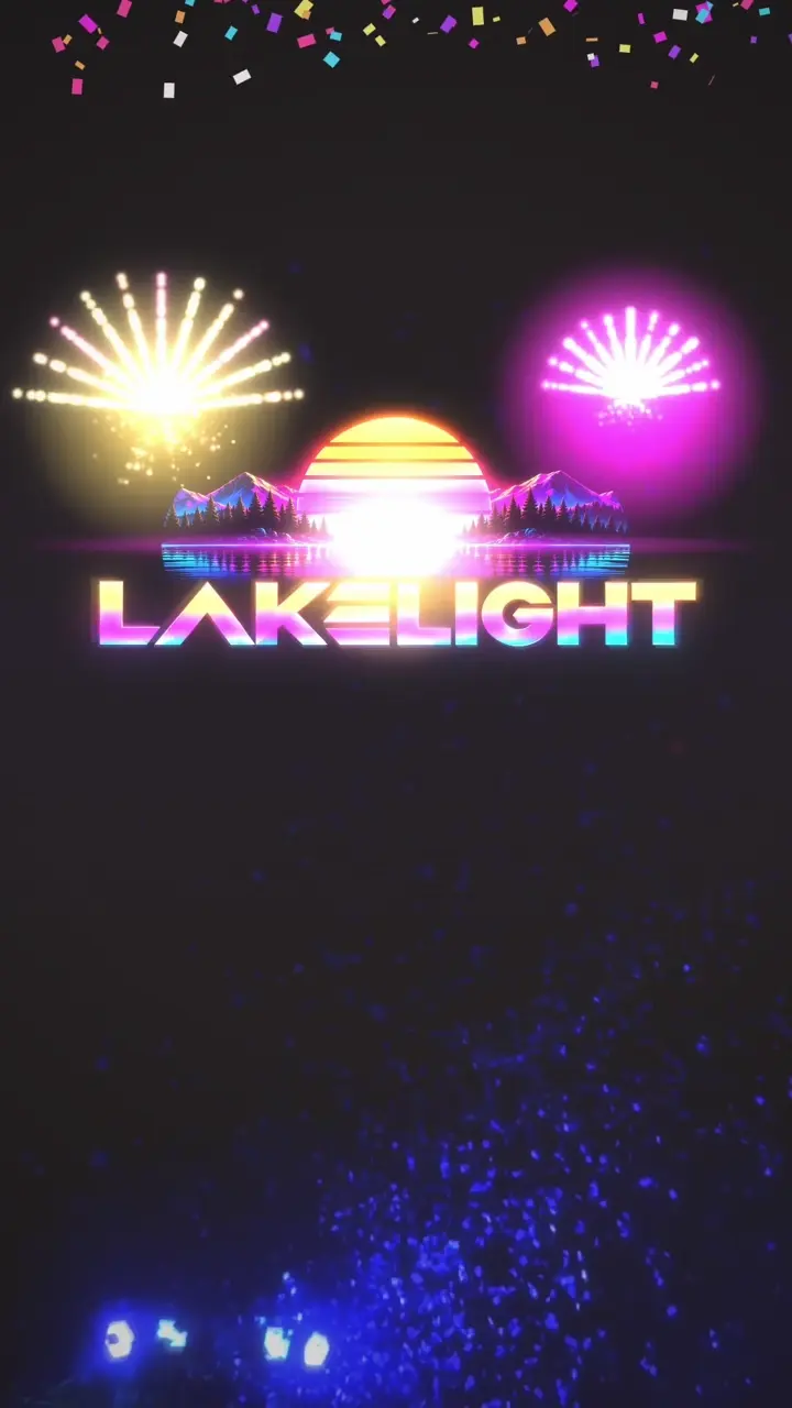 LakeLight music festival reel: neon festival logo and August 6–8, 2027 beneath colorful lights