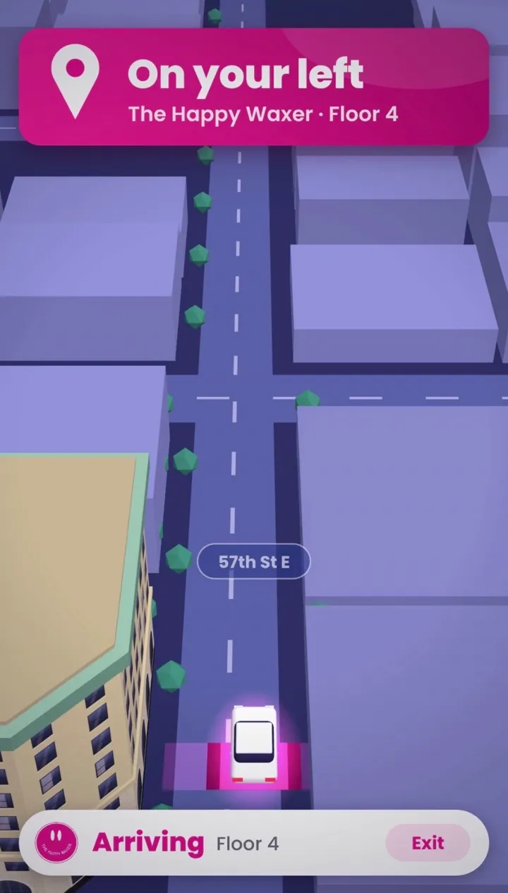 The Happy Waxer location reel: a glowing car on 57th St E under an On your left, Floor 4 banner