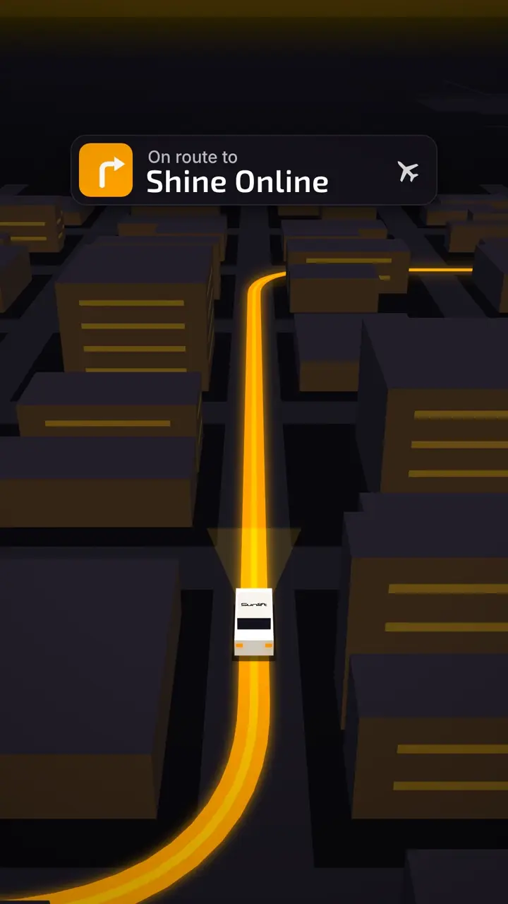 SunliftAI Beacon reel: a glowing gold route through a 3D city toward Shine Online