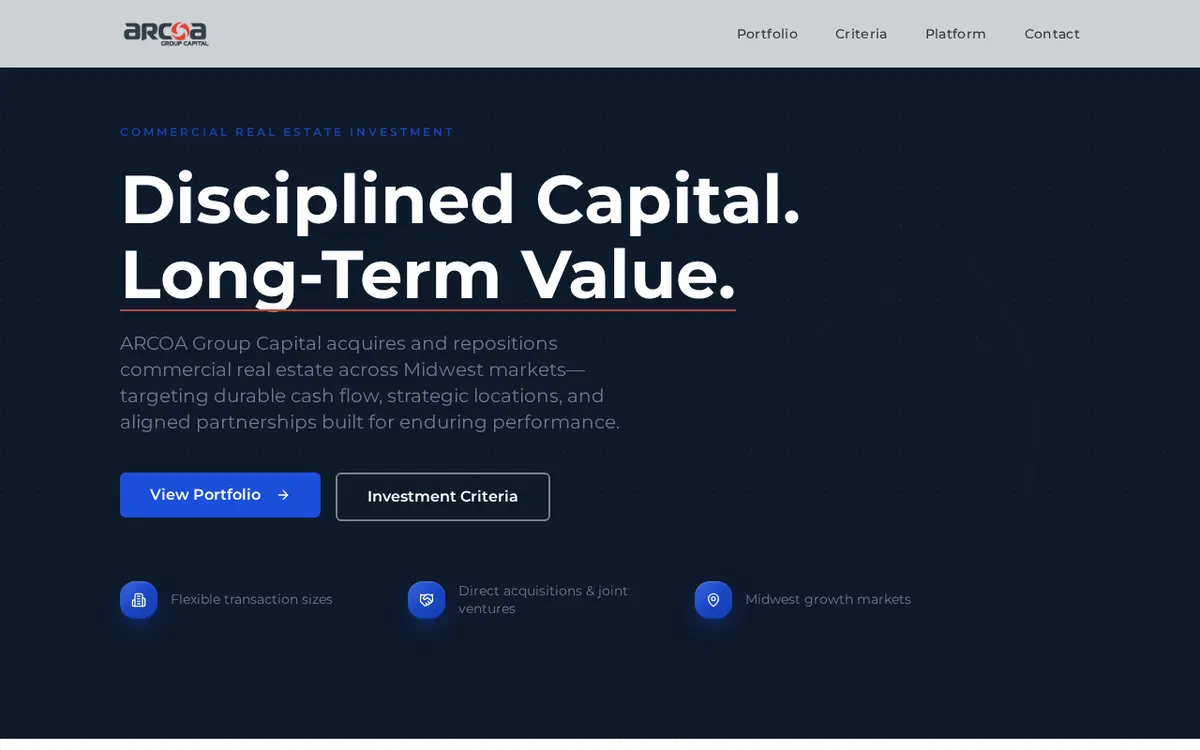 ARCOA Group Capital — AI-ready website launched in 7 days by SunliftAI. Commercial real estate investment firm acquiring and repositioning value-add assets across Midwest markets.