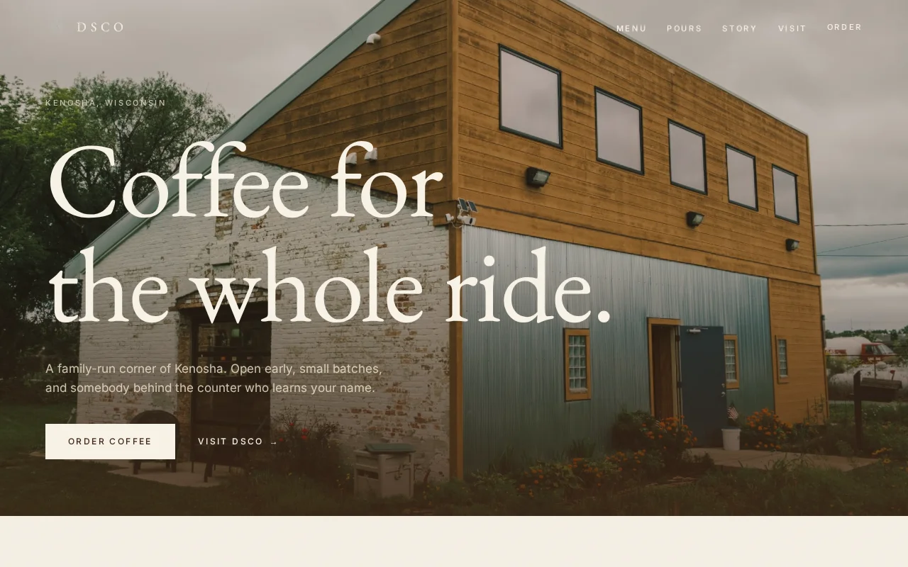 DSCO Coffee — AI-ready website launched in 7 days by SunliftAI. Family-run corner coffee shop serving small-batch coffee, community, and somebody who learns your name in Kenosha.
