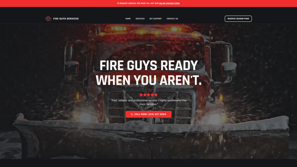 Fire Guys Services — AI-ready website launched in 7 days by SunliftAI. Snow removal and property maintenance company offering seasonal passes and reliable service.