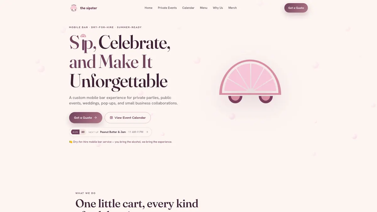 The Sipster — AI-ready website launched in 7 days by SunliftAI. Dry-for-hire mobile bar serving weddings, private parties, pop-ups, and small business collaborations.